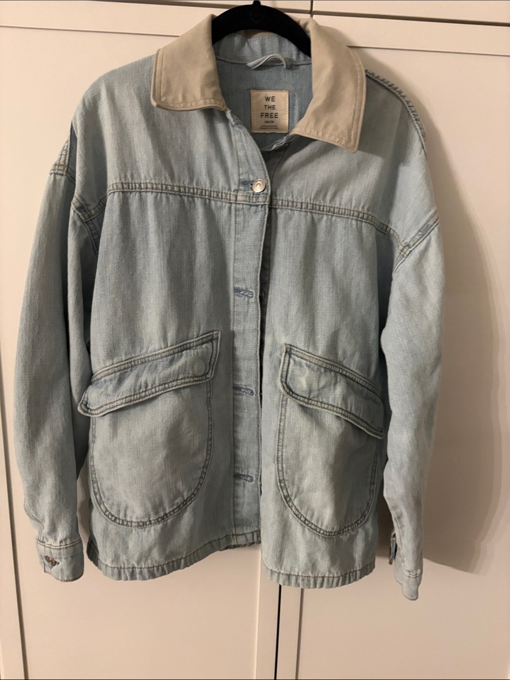 We The Free Light Blue Denim Jacket with Cream Collar